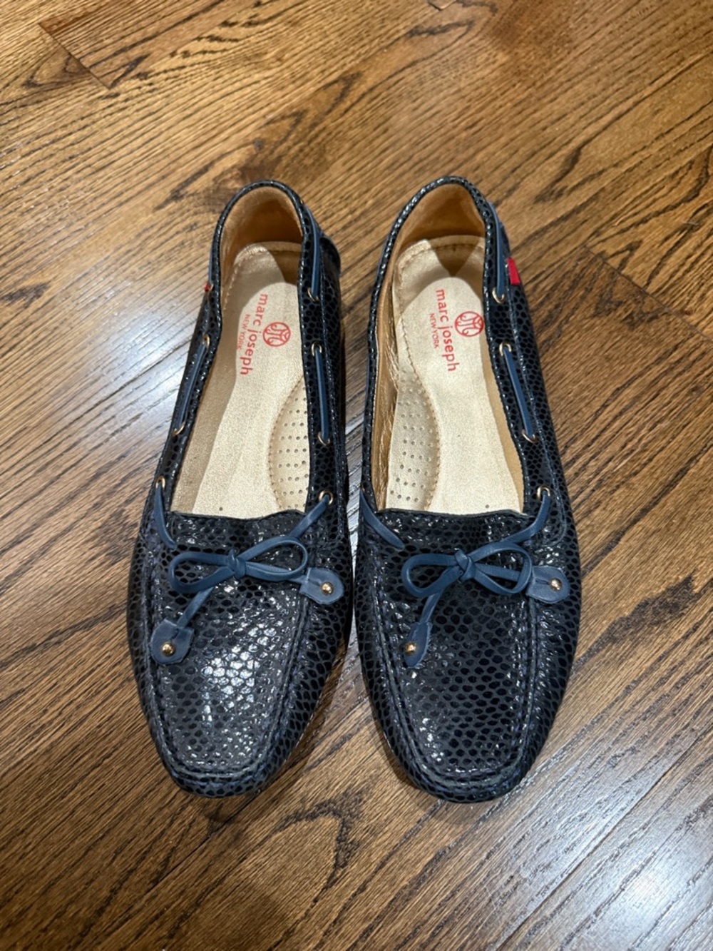 Marc Joseph Navy Blue Snake-Embossed Leather Driving Moccasins excellent cond